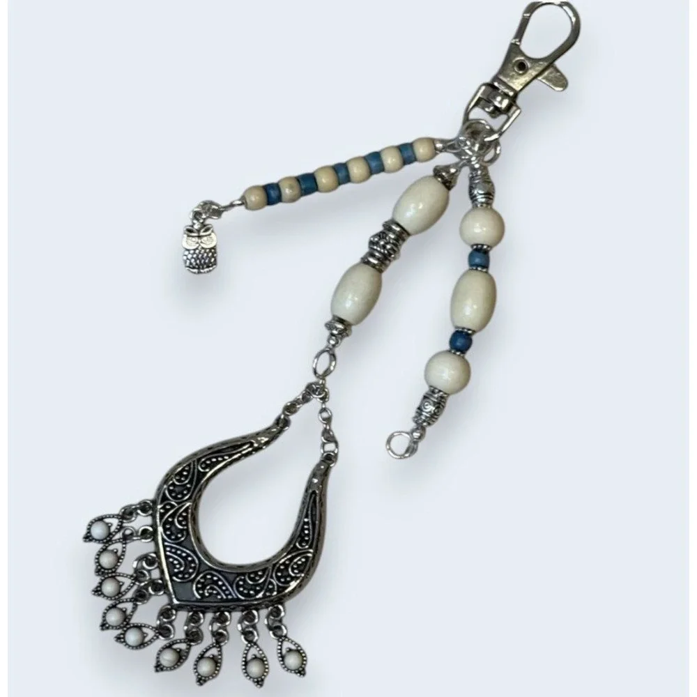 Boho Silver Crescent Moon Bag Charm Keychain Owl Bead Fringe Blue‎ White Western